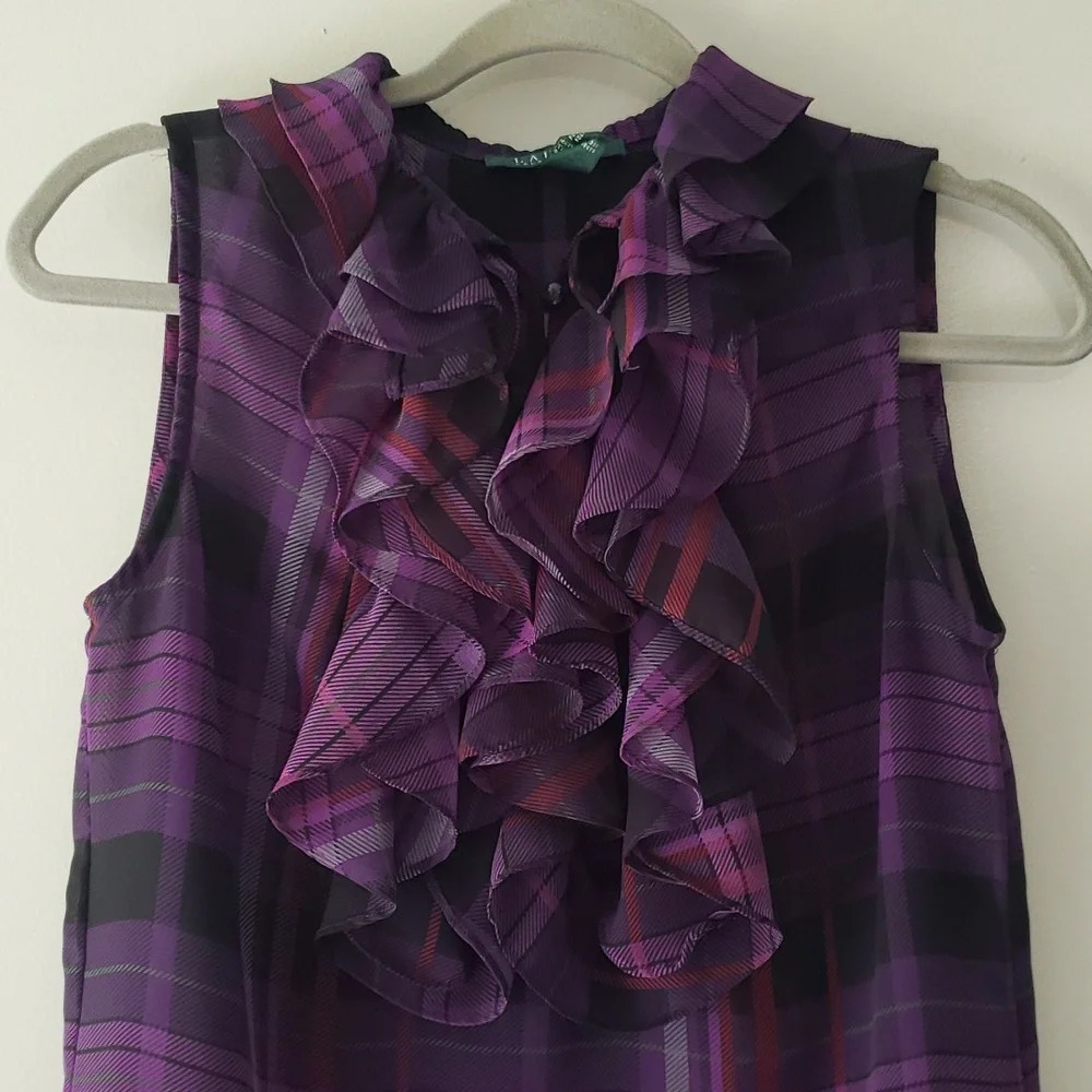 Lauren Ralph Lauren Sleeveless Plaid Blouse 4 Semi-sheer Office Career Academia - Picture 2 of 14